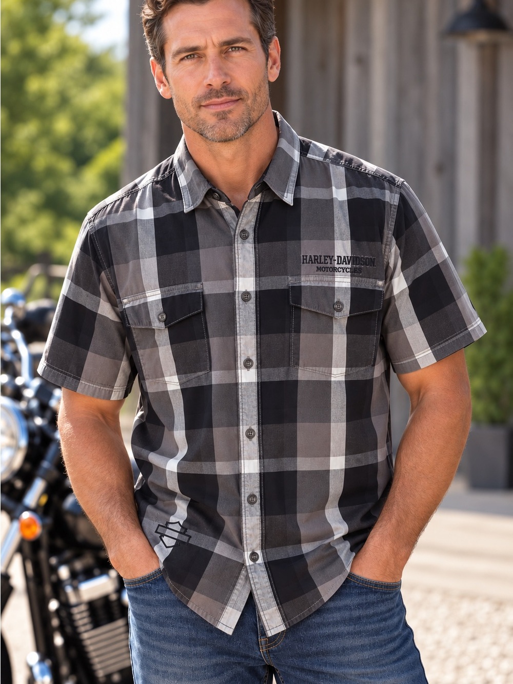 Harley-Davidson Men’s Large Black & Gray Plaid Short Sleeve Shirt